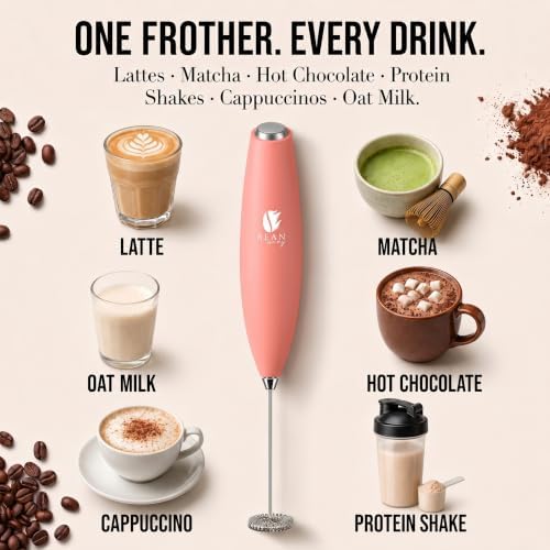 Bean Envy Milk Frother Handheld - Coffee Mixer Wand with Stand - Rose Pink