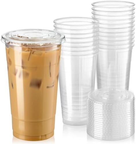 Fit Meal Prep 50 Pack 32 oz Clear Plastic Cups with Flat Lids, Disposable Iced Coffee Cups, BPA Free Premium Crystal Smoothie Cup for Party, Lemonade Stand, Cold Drinks, Juice, Milkshake