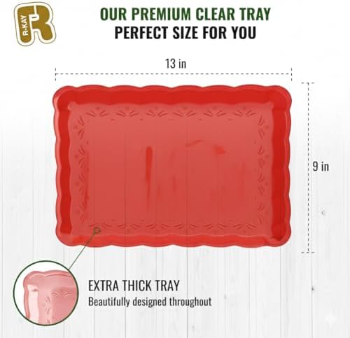 6 Pack Red Plastic Serving Trays for Party, 9 x 13 Inch - Heavy Duty Plastic Trays for Food - Rectangular Party Serving Trays and Platters - Red Disposable Trays
