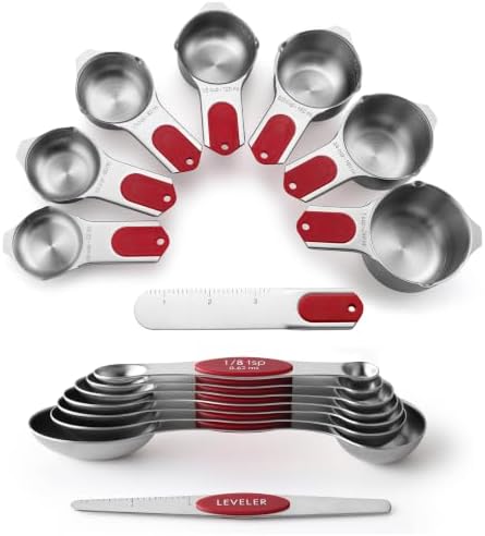 Spring Chef Magnetic Measuring Cups & Spoons Set of 15 with Levelers, Red