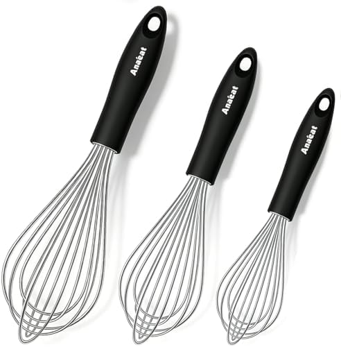 3 Packs Stainless Steel Whisk Set - Balloon Whisk, Anaeat Thick Stainless Steel Wire ＆ Strong Handles, Egg Beater for Cooking, Blending, Whisking, Beating and Stirring (9"+11"+12")