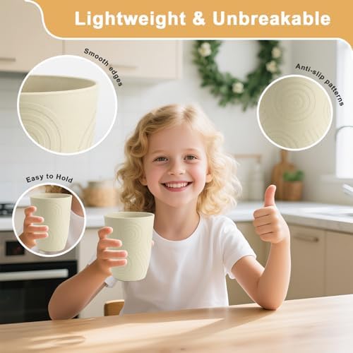 12oz Kids Cups, Wheat Straw Cups Set of 6, Small Water Cups (Beige)