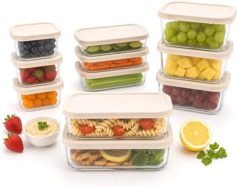 Glass Food Storage Containers with Lids - 22 Piece - 10.5 oz, 17.6 oz, 25.4 oz & 57.5 oz Sets Glass with BPA-Free Leak Resistant Stackable Lids - Microwave, Oven & Dishwasher Safe - Vanilla Mist