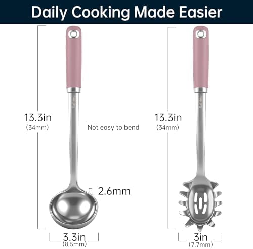 Safring Stainless Steel Soup Ladle and Spaghetti Spoon Set, Heat Resistant Rubber Handle, Dishwasher Safe, Kitchen Utensils for Cooking, Stirring, Serving Pasta, Soup & Sauce (Pink)