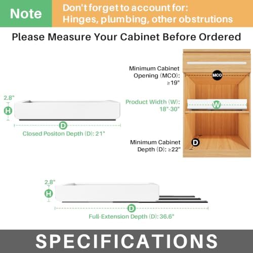 Pull out Cabinet Organizer, Expandable(18"-30") Heavy Duty Slide out Drawers Fixed with Adhesive Nano Film for Pots, Roll out Shelf Storage for Kitchen Base Cabinet Organization(3 Rails) 2-pack