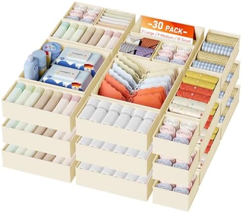 DIMJ Drawer Organizer Clothes, 30 Pack Dresser Organizer, Foldable Closet Organizers and Storage, Fabric Dresser Bins, Drawer Dividers for Nursery, Baby Clothes, Underwears, Sock,Beige