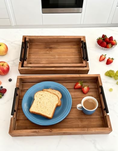 3Pcs Nested Vintage Wood Serving Tray Set, Coffee Table Ottoman Decor Trays