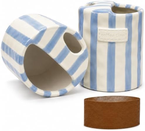 Ceramic Coffee Mug with Sip Hole 12oz, To Go Ceramic Mug Striped
