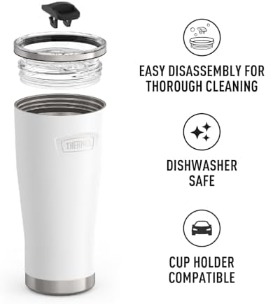 THERMOS Icon Series 24oz Stainless Steel Tumbler with Slide Lock Lid, Leakproof, Fits Cupholder, Dishwasher Safe, Griptec™ Non‑Slip Base, Keeps Drinks Hot 6 Hrs/Cold 22 Hrs, Snow