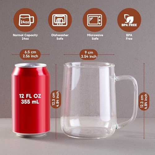 Large Glass Coffee Mugs, 24 oz Glass Coffee Cups Set of 2, Clear Borosilicate Glass Mugs with Handles for Cappuccino, Tea, Latte, Hot/Cold Beverages, Wine, Americano, Smoothies