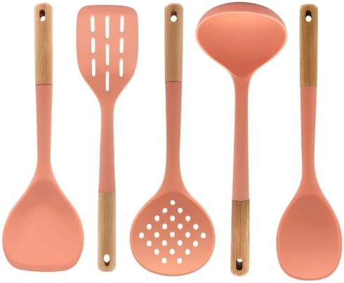 Beille 5pc Beech Wood and Silicone Kitchen Utensils Set Meal Prep Cooking Baking Supplies Home Essentials, Coral Peach
