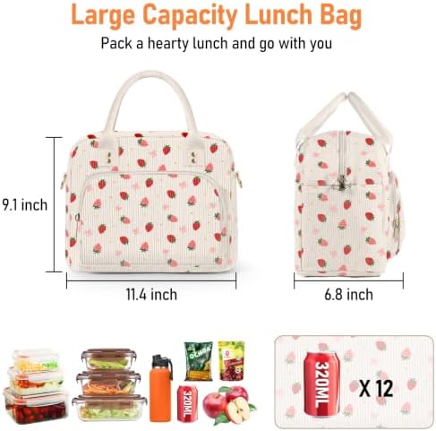 Lunch Bag Large Insulated Lunch Box for Women Adult Cute Pink Strawberry Lunchbox Corduroy Lunch Bags Boxes Pail with Shoulder Strap for Work Mom Picnic Office Travel 11.4×6.8×9.1 inches 11.5L