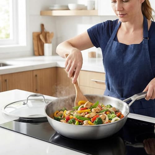 Inqibee 12 Inch Stainless Steel Wok Pan with Lid, Detachable Handle