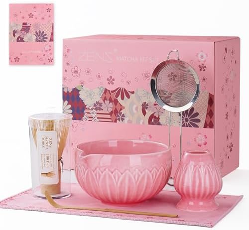 ZENS Premium Matcha Whisk Set, 6pcs Cearmic Matcha Kit & Tools, Pink