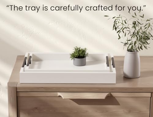 Fibogollo Set of 2 Bamboo Serving Trays with Metal Handles(White)