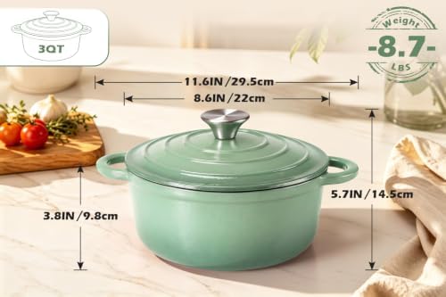 Leonyo 3-Quart Small Enameled Cast Iron Dutch Oven with Lid,Pistachio Green