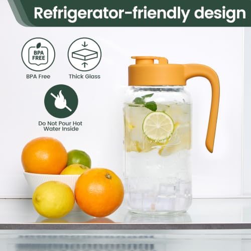 Mason Jar Pitcher, 2 pcs 64 oz (2 quart), Glass Pitcher with Lid