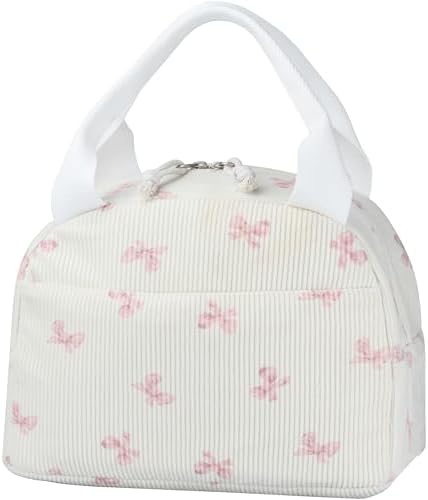 TESAFNG Lunch Bag - Insulated Lunch Box for Women, Reusable Large Capacity Cooler Bag for Adult, Small Leakproof Cute Corduroy Lunch Tote for Work Office Travel Picnic (Pink Bow)