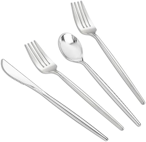 SUT 300PCS Silver Cutlery Set, Heavy Duty Disposable Utensils Include 100 Forks, 100 Spoons and 100 Knives, Premium Flatware for Party, Wedding, Birthday and Catering Events