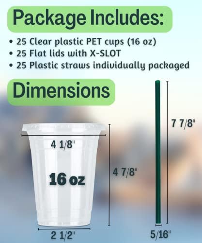 Cappatua 16 oz Clear Plastic Cups with Lids and STRAWS, Disposable Drinking Cups for Cold Drinks, Iced Coffee, Milkshakes, Smoothies, 25 Sets