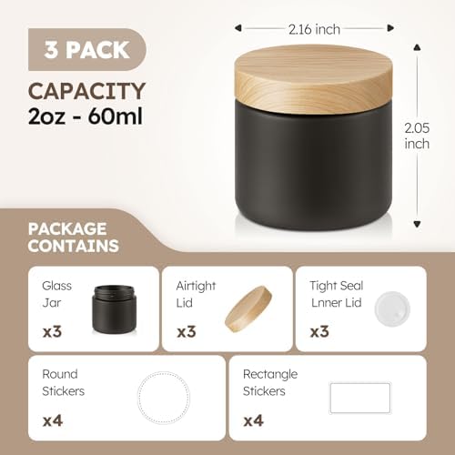 3 Pack 2 OZ Matt Black Small Glass Jars with Plastic Woodgrain Lids
