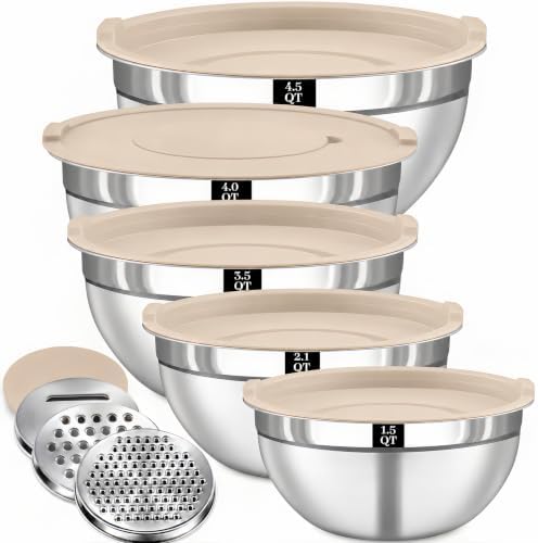 8PCS Stainless Steel Mixing Bowls with Lids - 5PCS Nesting Bowls, 3 Grater Attachments for 4.0 QT Bowl, Stainless Steel Mixing Bowls for Mixing & Serving, Size 1.5/2.1/3.5/4/4.5 QT, Khaki