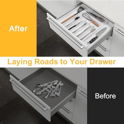 Large Premium Bamboo Silverware Organizer - Expandable Drawer Organizer & Utensil Organizer - 17"x19.7" Cutlery Tray with Dividers for Kitchen Utensils and Flatware (7-9 Slots) (White)
