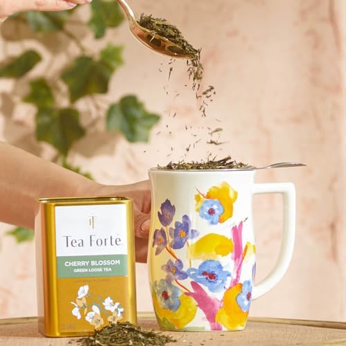 Tea Forte Ceramic Fiore Tea Cup with Infuser, Volare, 14 oz