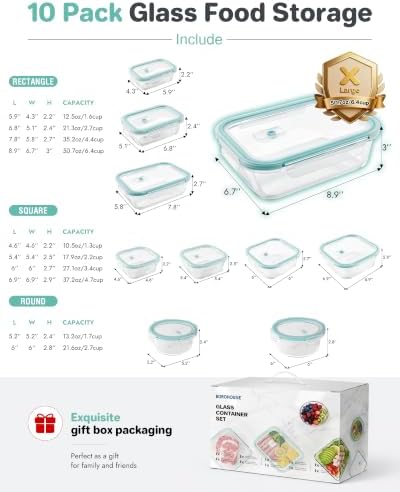 10-Pack Borosilicate Glass Food Storage Containers Set with Airtight Lids – Oven, Microwave & Freezer Safe, Leak-Proof, BPA-Free – Baking, Meal Prep & Gift Box