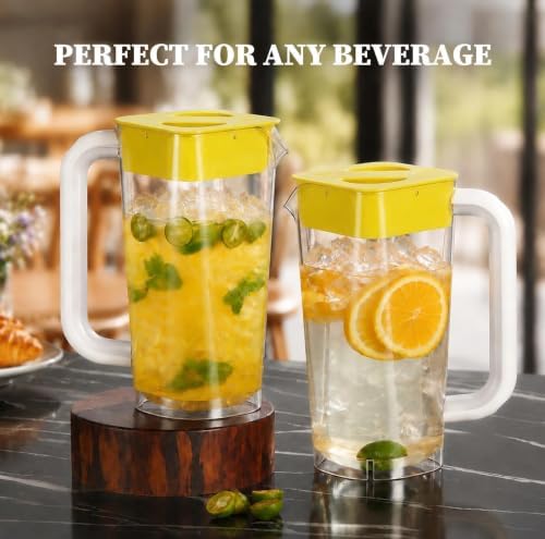 CURTA 2 Pack 2 Liters/68 oz Plastic Pitcher with Lid & Handle for Kitchen,ICED JUICE and Coffee Carafe Beverage Serveware, Acrylic Water Jug for Hot/Cold Drinks&lemonade