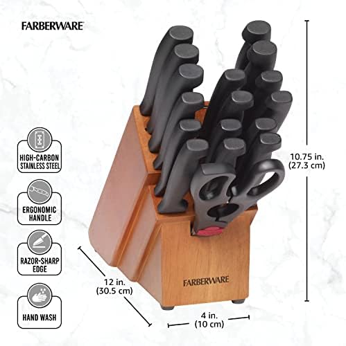 Farberware Knife Block Set, 18-Piece Kitchen Knife Set with Natural Finish Block, Never-Needs-Sharpening High Carbon Stainless Steel Blades and Non-Slip Handles (Pack of 2)