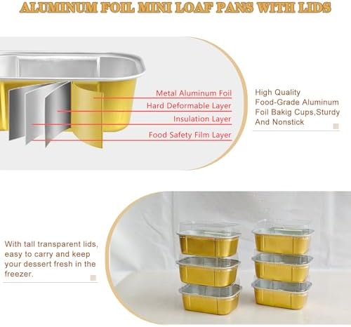 Mini Cake Pans With Lids And Spoons,5.5 oz Rectangle Mini individual Loaf Pans Disposable Aluminum Foil Small Baking Cups Tins (100, Gold)