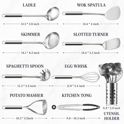 Pleafind Cooking Utensils Set - 9 PCS Stainless Steel Kitchen Utensils Set with Utensil Holder, Heat Resistant Wok Utensils Set, Kitchen Tools Set with Spatula, Ladle, Slotted Spoon, Dishwasher Safe