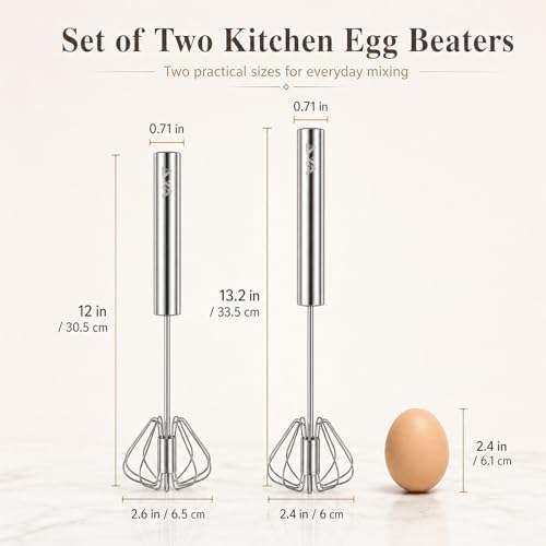 Stainless Steel Semi-automatic Egg Whisk, 2 Pack 7.9in & 11.8in Hand Push Mini Whisk, Effortless Egg Scrambler for Baking Cooking Whisking Beating & Stirring