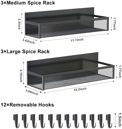 Aufworld Magnetic Spice Rack for Refrigerator, 6 Pack Magnetic Shelf, Fridge Magnet Organizer with Moveable 12 Hooks, Magnetic Fridge Shelf for Kitchen Organization and Storage (6 Pack)