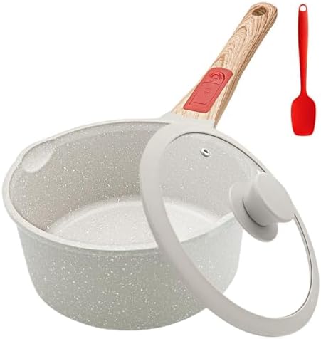 2.5 Qt Nonstick Sauce Pan with Lid, Sauce Pot with Pour Spout, White