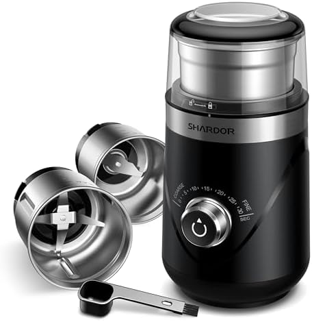 SHARDOR Electric Super Silent Blade Coffee Grinder, Timed Grind Control Rotary Knob, Adjustable Coarse to Fine for Coffee Beans, Spices & Herbs, with 2 Removable Stainless Steel Bowl, Black