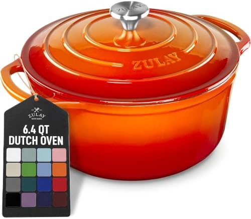 Zulay Kitchen 6 Quart Enameled Cast Iron Dutch Oven Pot with Lid – Premium Durability & Oven Safe up to 500°F – Heavy Duty Cookware Perfect for Bread Baking, Stews, Braising & Roasting – Orange