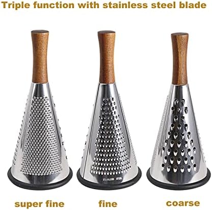 Cone Cheese Grater with Handle - Stainless Steel Triple Function Wood Handle Parmesan Shaver Non-Slip Rubber Bottom Hand Held Multifunction Vegetables Cheese Grater with container(XL:11.8" X 5.1")