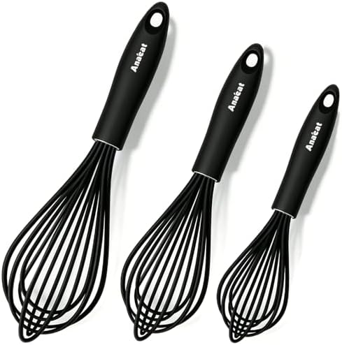 Anaeat Silicone Balloon Whisk, Perfect for Non-Stick Cookware, Milk and Egg Beater Blender, Heat Resistant Kitchen Whisks for Whisking, Cooking, Baking, Beating, Frothing & Stirring (Black)