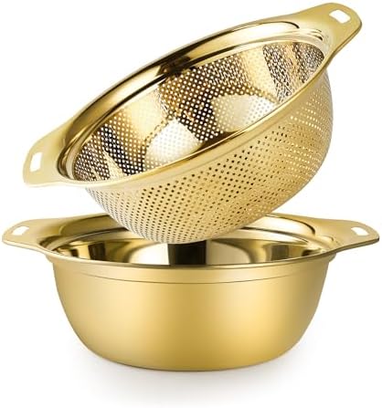 Gulex Colander Stainless Steel 3-quart with Bowls, Strainer Kitchen, Gold