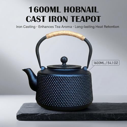 54oz Hobnail Cast Iron Teapot for Stovetop, Tea Kettle with Infuser for Loose Leaf, Tea Pot Suitable for Gas, Wood, Induction Stoves, Ideal for 3-5 People, Enhances Tea Flavor & Heat Retention