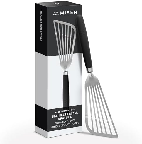 Misen Fish Stainless Steel Spatula - Slotted Turner for Cooking - Perfect for Frying - Heat Resistant - Dishwasher Safe -1mm Thick Flexible Flipper - Soft Silicone Grip Handle for Easy Use
