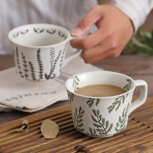 Small Ceramic Mug 1pc, 11oz - Vintage Coffee Mug, Handmade Pottery Cup for Milk, Latte, Cappuccino, Tea - Porcelain Dishwasher, Microwave Safe Stoneware Green Leaf