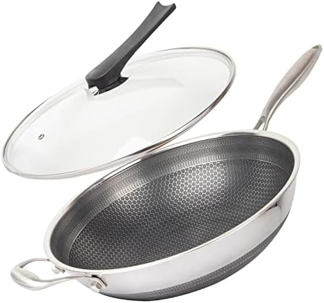 14" Honeycomb Non Stick Wok Pan Stainless Steel Stir-fry Wok with Lid,Skillet with Stay-cool Handle PFOA Free Suitable for Induction, Ceramic, Electric, and Gas Cooktops (Sliver, 14 Inches)