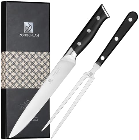8" Stainless Steel Carving Knife and 7" Fork Set, Professional BBQ Brisket Slicing Kit with Ergonomic Full Tang Handle, Premium Meat, Fruits & Vegetables Cutting Tools in Gift Box