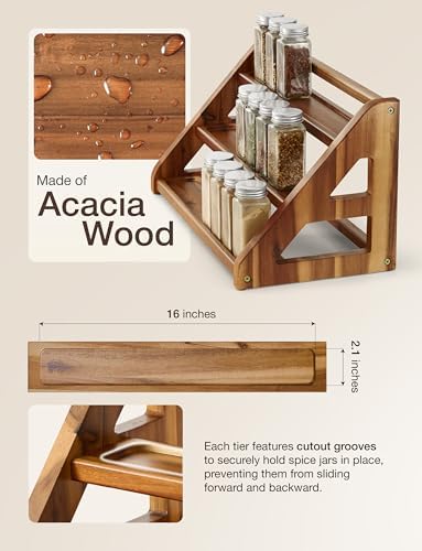 Tinamo Acacia Wood Spice Rack for Countertop, 3-Tier Design, Holds 24 Jars