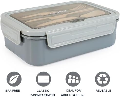 Caperci Classic Bento Box Adult Lunch Box for Older Kids - Leakpoof 47 oz 3-Compartment Lunch Containers for Adults and Teens, Built-in Utensil Set, Ideal for On-the-Go Balanced Eating, Gray