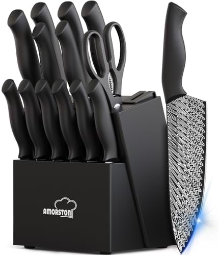 Amorston Knife Set, 15-Piece Kitchen Knife Set with Built-in Sharpener Block, German High-Carbon Stainless Steel, Dishwasher Safe, for Home Cooks and Everyday Meal Prep