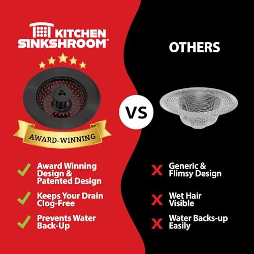 Kitchen SinkShroom Clog-Free Kitchen Sink Drain Strainer with Stopper - Sink Protector for Kitchen Sink, Stainless Steel, Matte Black